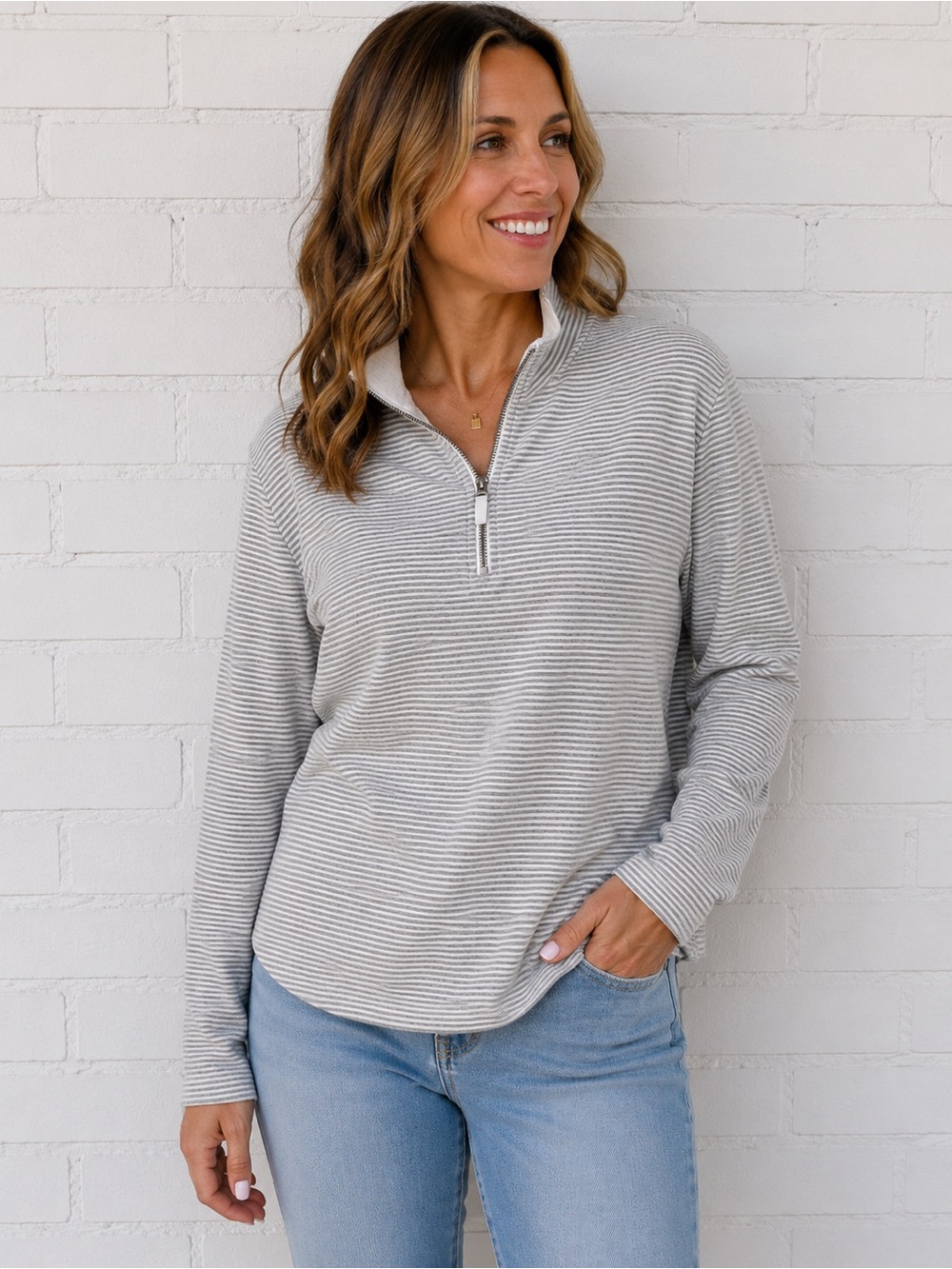 J.Crew Striped Quarter Zip Pullover Women’s Large Gray White